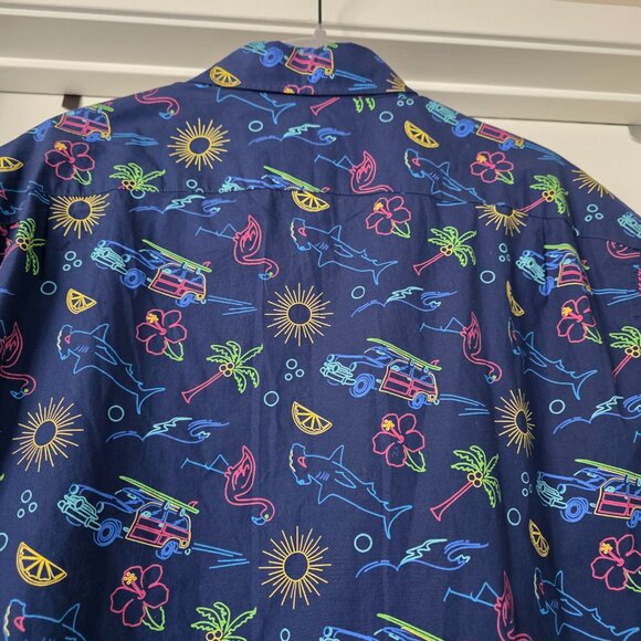 J Crew Men's XL Slim Fit Flex Washed Navy Hawaiian Shirt Woody Shark Palm Tree - Picture 4 of 7